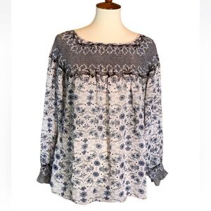Sundance cream and blue floral silk blouse with smocking Size Medium